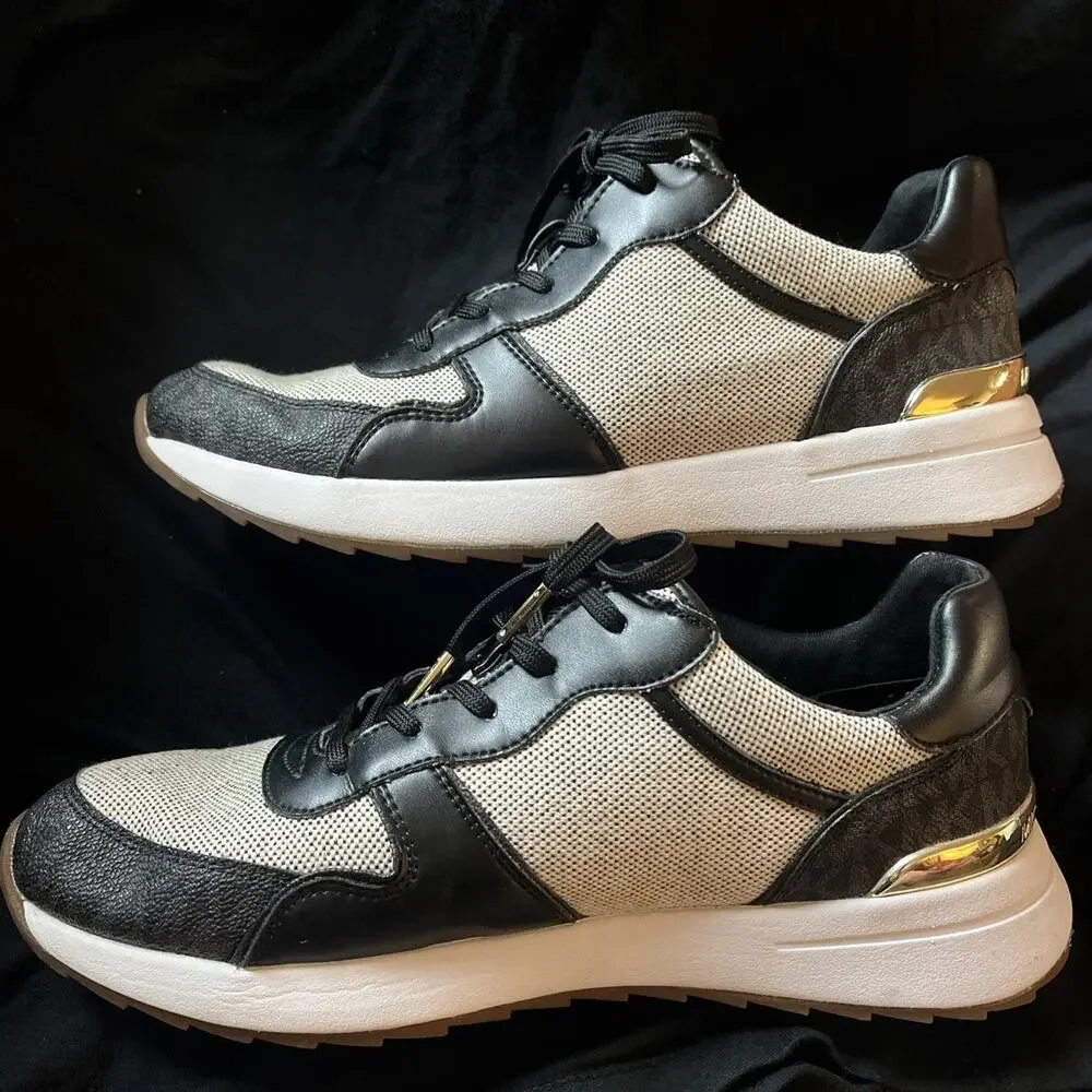 Michael Kors Sneakers -Blk leather, tweed, coated canvas monogram, gum sole -10M